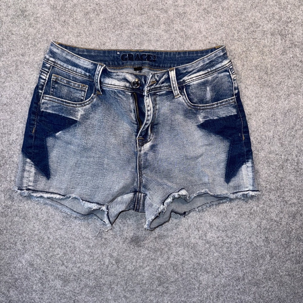 Grace in LA Star Wash Cut-Off Shorts 7-28 Blue Denim Crystal Button Distressed